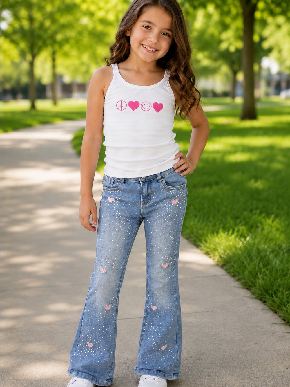 Set Flare Jeans with Pink Heart Accents and Rhinestones and Pink Heart Shirt
